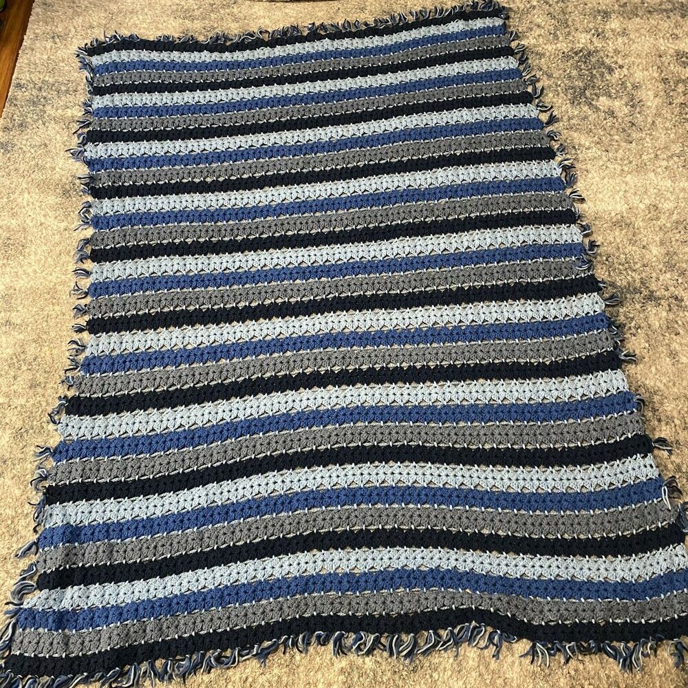Vintage Handmade Crochet Striped Blue Afghan Throw Blanket With Tassels 72X58 - Picture 1 of 4
